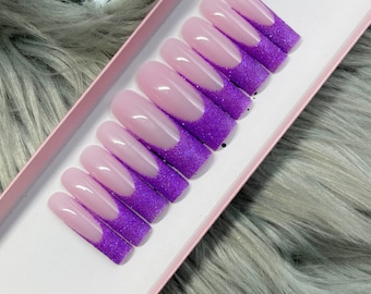 Purple Glitter Press on Nails | French Tip Pressons | 2XL Square Shown