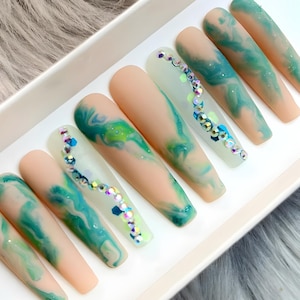 Green Marble Press On Nails with Rhinestones | 2XL Shown