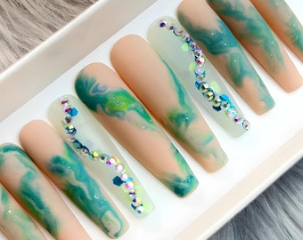 Green Marble Press On Nails with Rhinestones | 2XL Shown