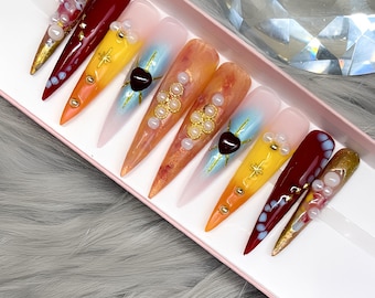 Pearl Press on Nails | Gold Studs | 3XL Stiletto Shown