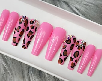 Pink Leopard Press on Nails | Long/Medium Coffin Shown