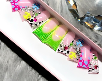 Animal Print French Tip Press-On Nails: Trendy 3D Duck Nail Set