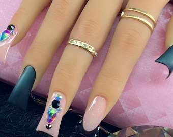 Black Press-On Nails | French Tip  Nail Set |3D Duck Nails with Rhinestones Charm Shown