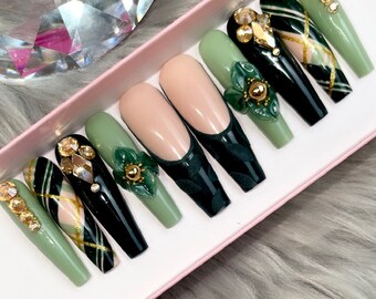 Green Plaid Press on Nails | Holiday Fall Nails | 2XL Coffin Shown