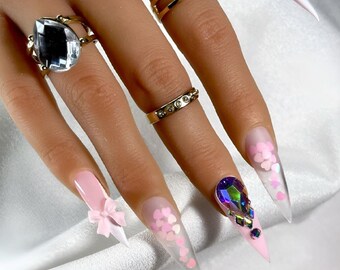 Pink Press on Nails with Rhinestones | Matte Heart with White Bow | 2XL Stiletto Shown