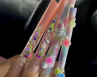 Marble Press On Nails: 3D Flower Charms, Rhinestone Nail Art - 5XL Square