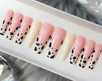 Cow Print French Tip Press on Nails | Long/Medium Coffin Shown