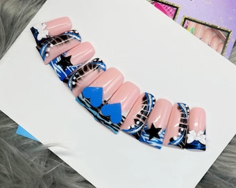 Zebra Print Press On Nails: Blue Black White French Tip with Charms