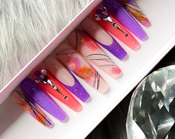 Purple and Orange Press on Nails | 2XL Coffin Shown