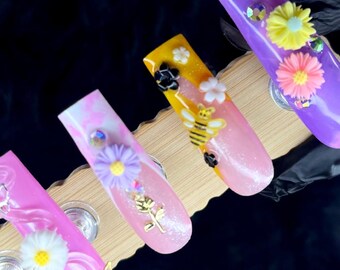 3D Butterfly Press On Nails: Purple, Pink & Yellow Rhinestone Design