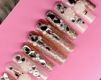 Luxury Glitter Press On Nails: 3D Roses, Rhinestones, Glam Bridal Nails