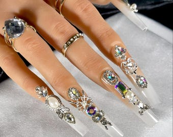 Luxury Rhinestone Press On Nails | Ombré Nail Art| Random Charm Nails | 3XL Square Shown