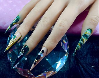 Green Press on Nails | Marble Nail Design | Rhinestone Nail Set| 3XL Stiletto Shown