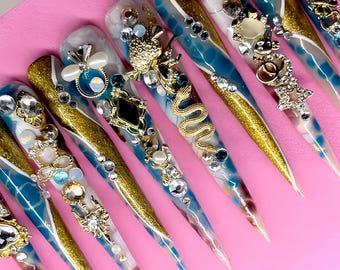 Rhinestone Press-On Nails with Gold Charms | 4XL Stiletto Glam Nail Set | Bold Statement Nails