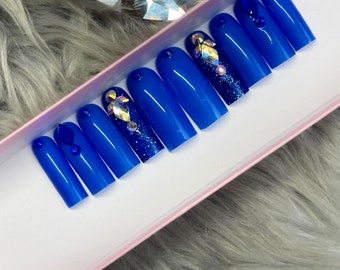 Blue Glitter Press On Nails: False Nails with Rhinestone Charms
