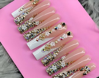 Handmade White French Tip Press-On Nails: 3XL Gold Floral Bling