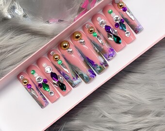 Marble Press-On Nails with Rhinestones | Custom Fake Nails | Elegant 2XL Square Nail Set Shown