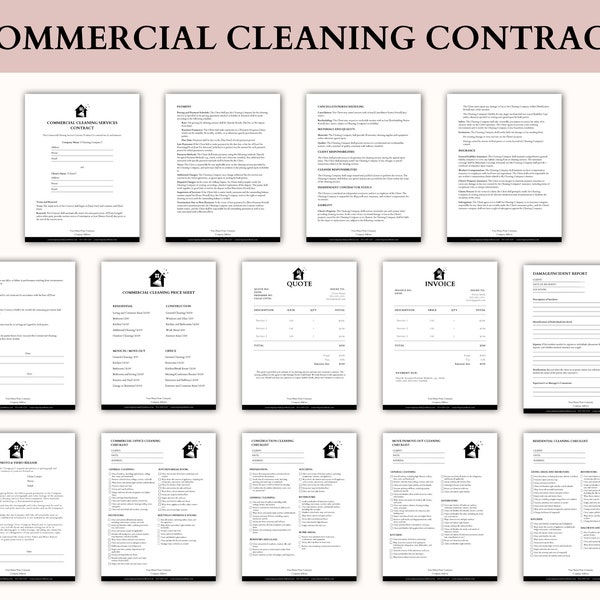 Commercial Cleaning Contract, Editable Cleaning Service Contract Template, Cleaning Checklist, Cleaning Business Service Agreement, Canva