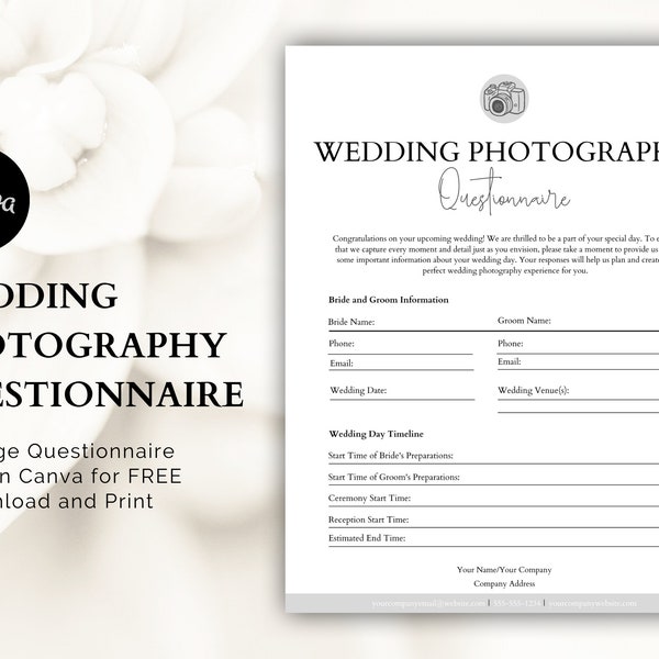 Wedding Photography Questionnaire for Wedding Photography Contract, Wedding Checklist, Editable Wedding Questionnaire, Photography Shot List
