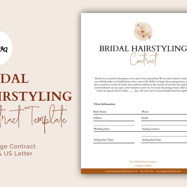 Editable Bridal Hair Contract Template, Bridal Hair Contract for Freelance Hairstylist, Bridal Hairstylist Agreement, Bridal Hair Services