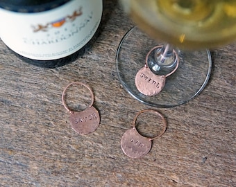 Hammered Brass or Copper Wine and Cocktail Charms; Customizable Wine Charms; Wedding Bar Decor, Handcrafted Barware