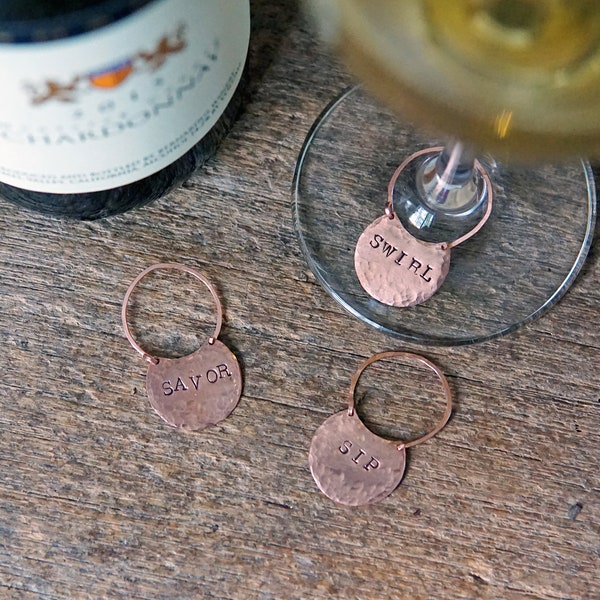 Hammered Brass or Copper Wine and Cocktail Charms; Customizable Wine Charms; Wedding Bar Decor, Handcrafted Barware