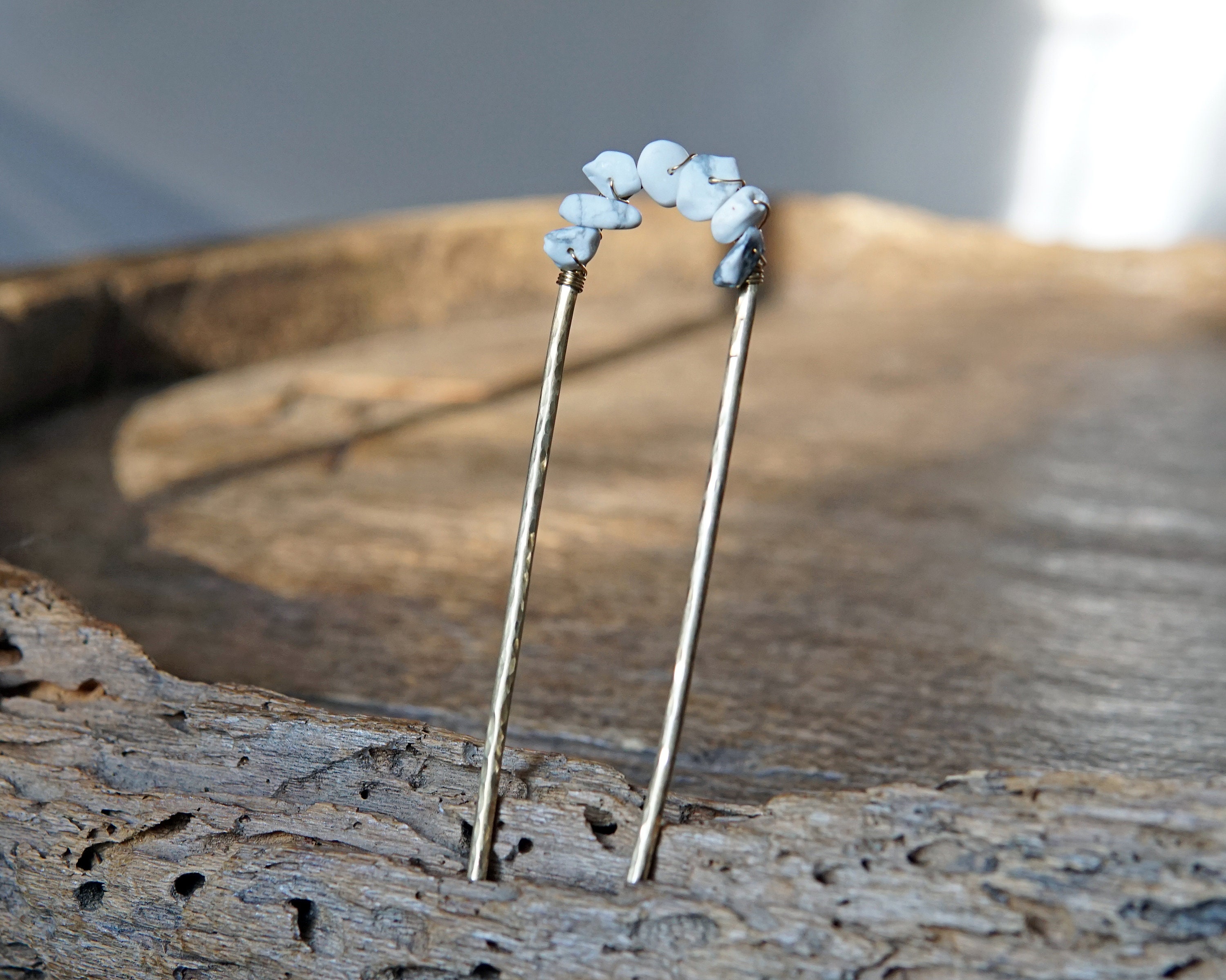 Brass Howlite Hair Fork, White and Gray, Gemstone Hair Pins  display picture 1