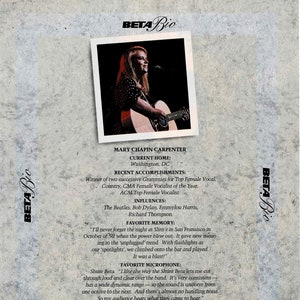 May include: An advertisement for Shure Beta microphones featuring singer Mary Chapin Carpenter. The image includes a photo of her playing guitar, along with text detailing her achievements, influences, and microphone preferences.