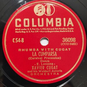 10&quot; 78 RPM VINTAGE RECORD - Rhumba with Cugat - Negra Leono / La Cumparsa - Columbia 36098