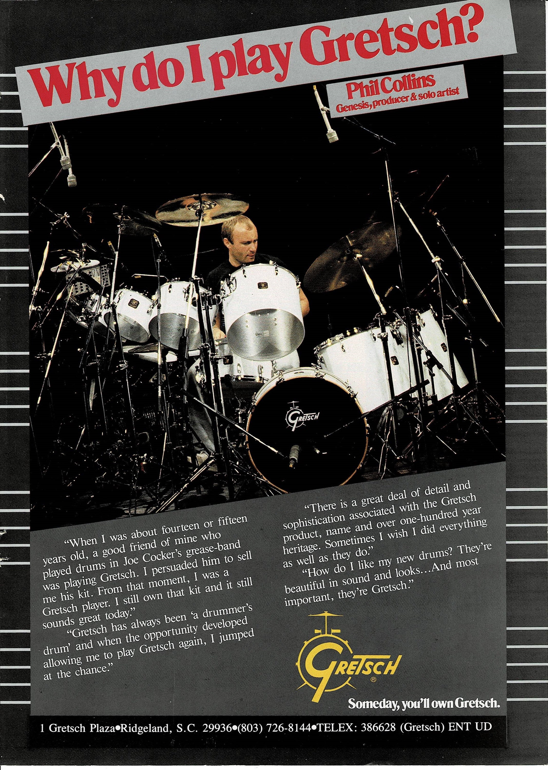 PHIL COLLINS of GENESIS - Gretsch Drums - 1984 Print Advertisement