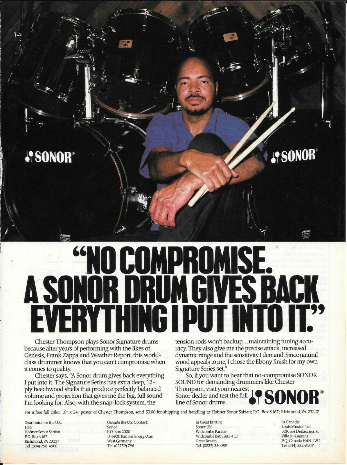 Chester Thompson - Sonor Drums - 1989 Print Advertisement - Etsy
