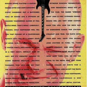 May include: A black electric guitar with a white pickguard and a red and yellow background. The guitar is a Hamer Californian, a heavy metal guitar with a Floyd Rose tremolo bar and Seymour Duncan pickups. The text "Plays a Hamer Californian" is printed in large letters at the bottom of the image.