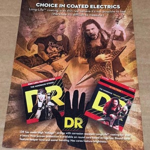 May include: A promotional advertisement for DR guitar strings featuring two musicians playing electric guitars. The text reads CHOICE IN COATED ELECTRICS, Alexi Laiho Signature Series, THE HANDMADE STRING, HI-VOLTAGE, and DR has made High Voltage strings.