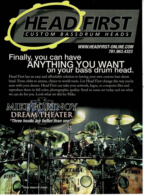 Mike Portnoy of DREAM THEATER Head First Bass Drumheads Print Ad