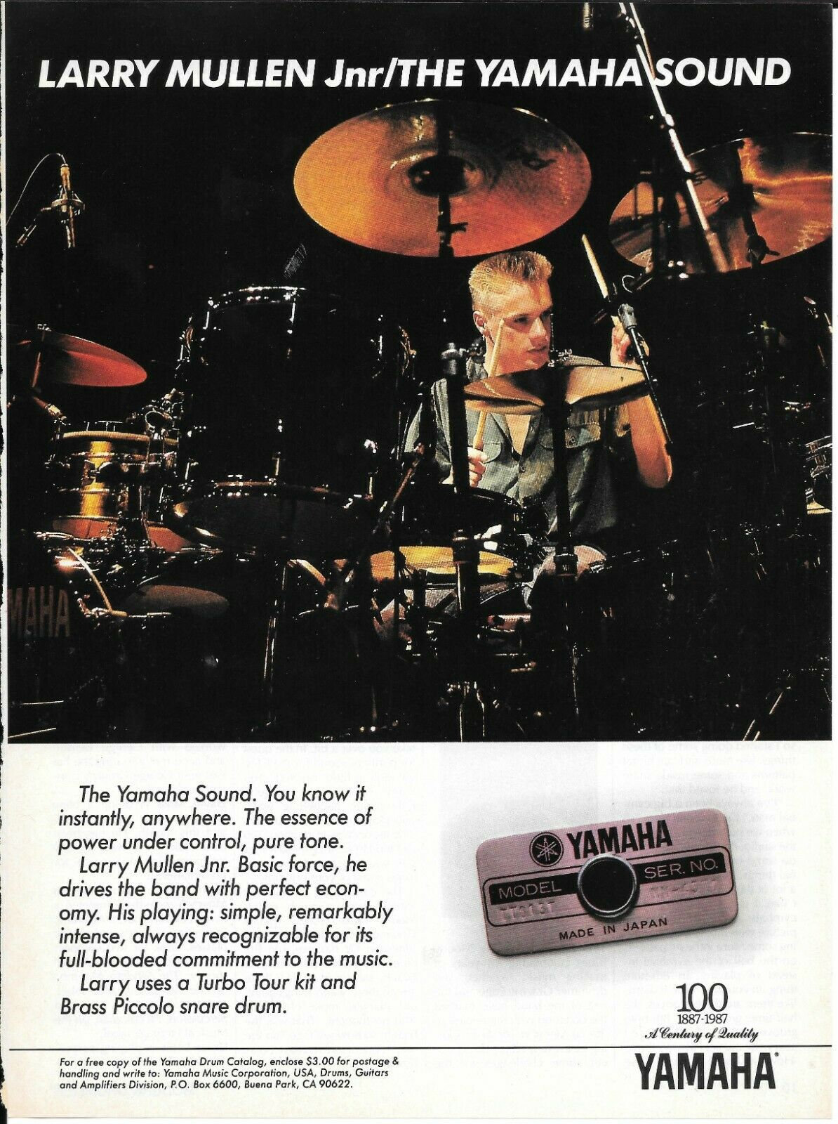 Larry Mullen Jr of U2 - Yamaha Drums - 1989 Print Advertisement