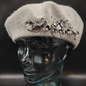 Grey Beret, Chic Wool Beret Hat – Handmade, Beaded & Embroidered | Unique Gift for Her