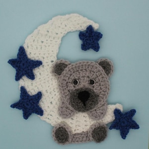 Crochet Grey Bear and Moon with Choice of Star Colour Applique/Embellishment