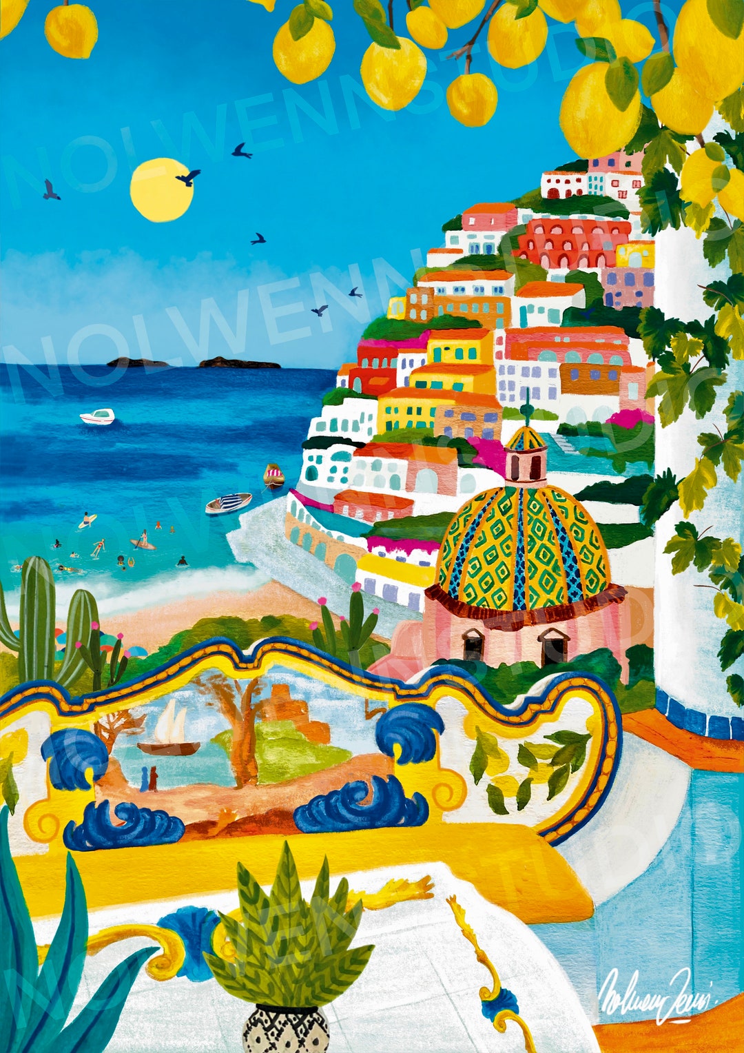 ポジターノ/イタリア/アマルフィ海岸/トラベルイラスト/アートプリント