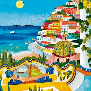Positano/Italie/Amalfi coast/Illustration de voyage/Impression d’art/Cadeau noël/Cadeau anniversaire/Paysages/Vignes/poster/affiche de ville