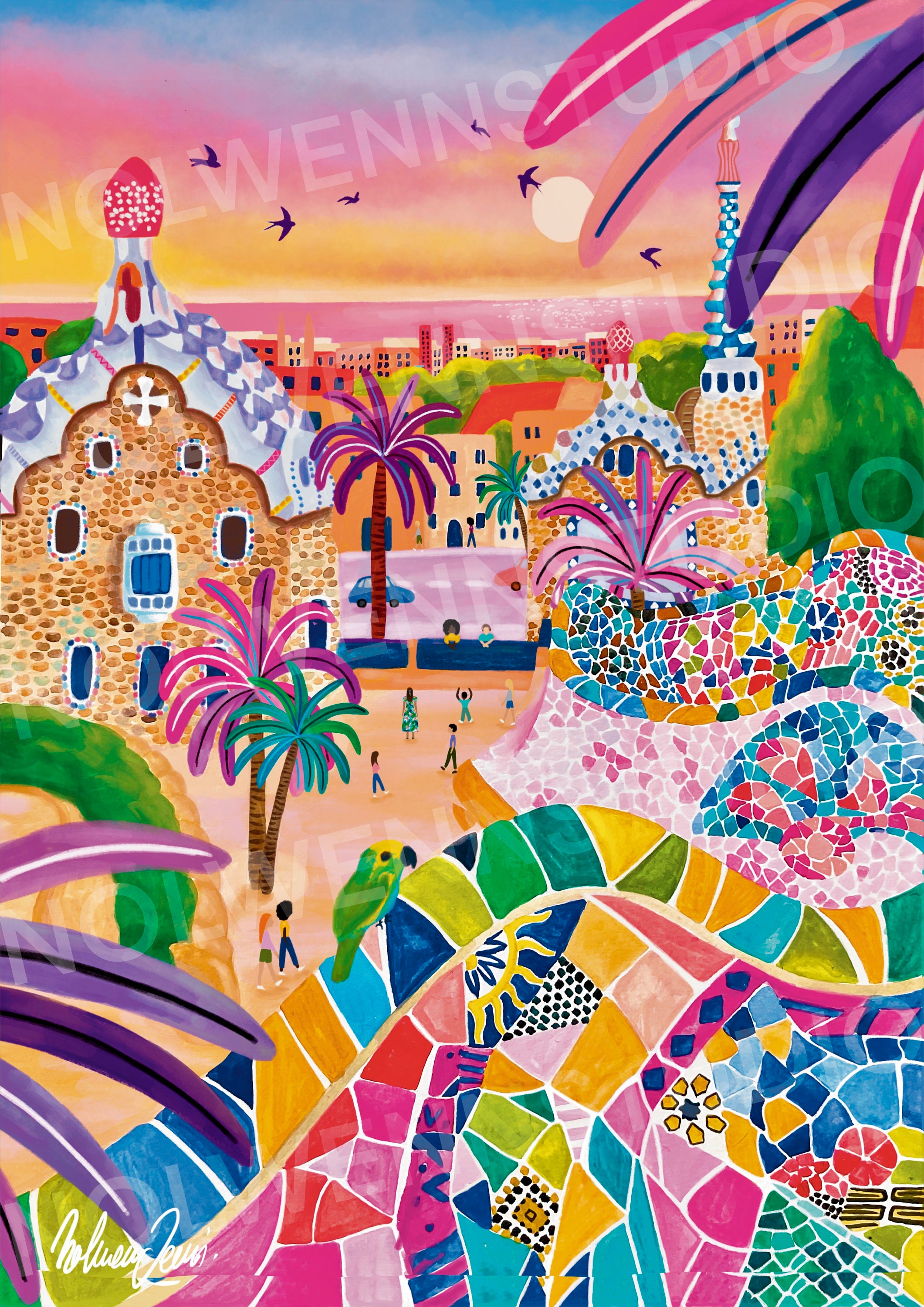 グエル公園/トラベルイラスト/バルセロナ/スペイン/アート