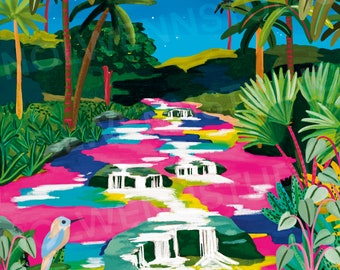 Pode incluir: Uma pintura digital de um rio rosa que flui através de uma selva verde exuberante com cachoeiras. O rio é cercado por palmeiras e outras plantas tropicais. Um pássaro azul está empoleirado em uma rocha perto do rio. O céu é azul com uma lua cheia e estrelas.
