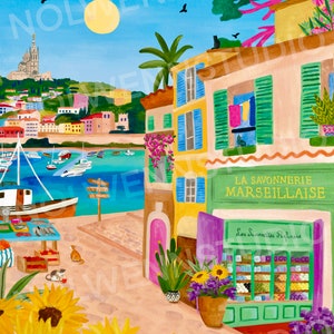Marseille/Savon de Marseille/Provence/Vieux port/Notre-dame-de-la-garde/poster/affiche de ville/illustration de voyage/cadeau anniversaire