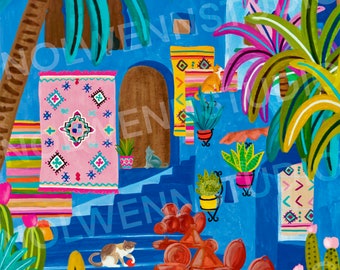 Chefchaouen/Travel Illustration/Morocco/Marrakech/Art Print/Christmas Gift/Birthday Gift/Decoration/City Poster/Poster