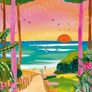 Surf/ilustración/Landas/Lacanau/Biarritz/Océano/Póster/Viaje/impresión artística/Colorido/Puesta de sol/Pinos/olas/océano/póster de ciudad