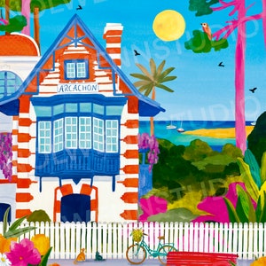 Arcachon / Bahía de Arcachon / Costa atlántica / cartel / ilustración de viaje / cartel de ciudad / regalo de cumpleaños / decoración