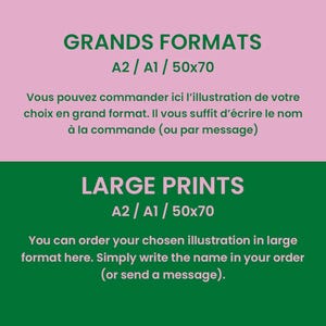 Op de afbeelding: Een roze en groene afbeelding met de tekst "GRANDS FORMATS A2 / A1 / 50x70" en "LARGE PRINTS A2 / A1 / 50x70". De tekst legt uit hoe je prints op groot formaat kunt bestellen.