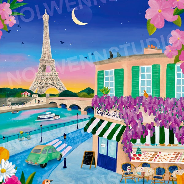 Paris/Tour Eiffel/affiche de ville/illustration de ville/poster de voyage/bistrot parisien/café de paris/cadeau anniversaire/decoration