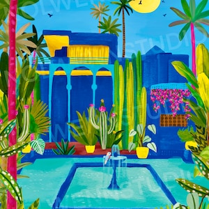 May include: A blue and yellow building with a fountain in front of it. The building has arches and a balcony. There are palm trees and other plants in the scene. The sky is blue and there is a yellow sun in the sky.