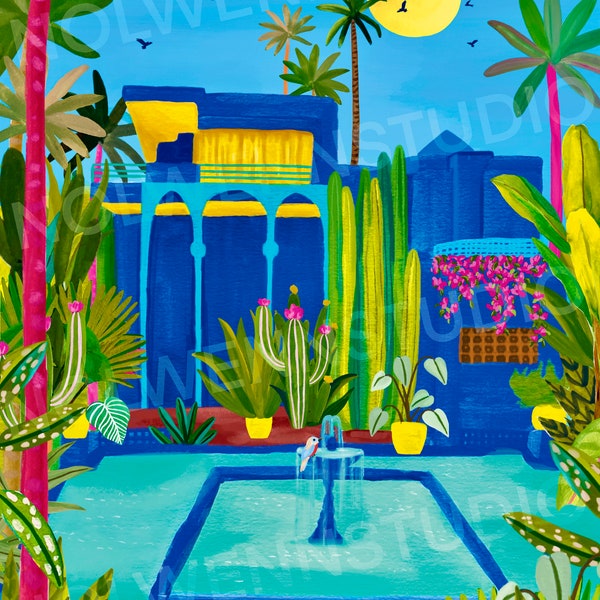 Jardin Majorelle/Marrakech/Maroc/Illustration de voyage/poster/cactus/cadeau de noël/anniversaire/impression art/affiche de voyage/poster
