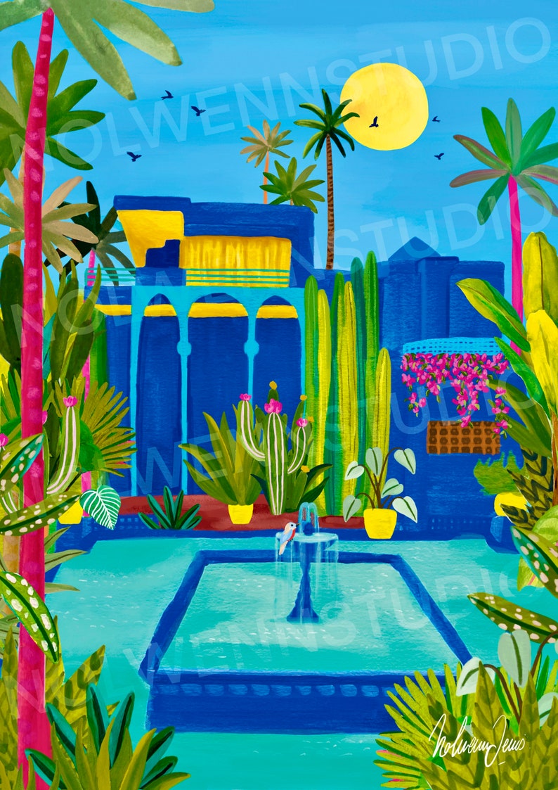 May include: A blue and yellow building with a fountain in front of it. The building has arches and a balcony. There are palm trees and other plants in the scene. The sky is blue and there is a yellow sun in the sky.
